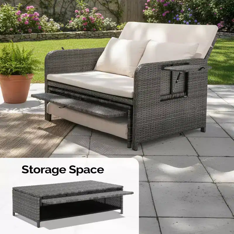 Karl Home | Chaise longue réglable en osier avec pouf de rangement et porte-gobelets