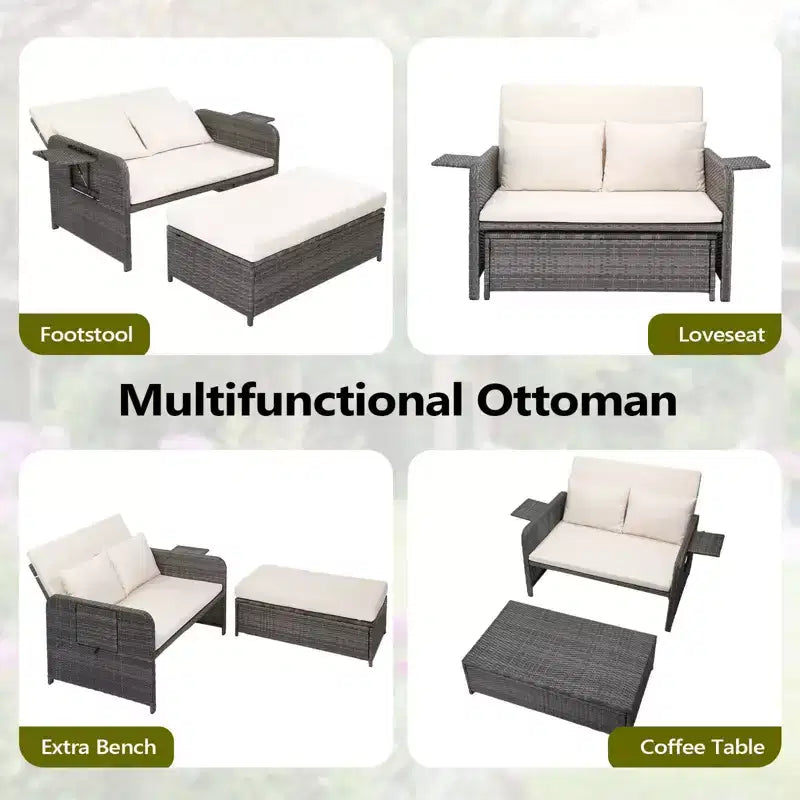 Karl Home | Chaise longue réglable en osier avec pouf de rangement et porte-gobelets