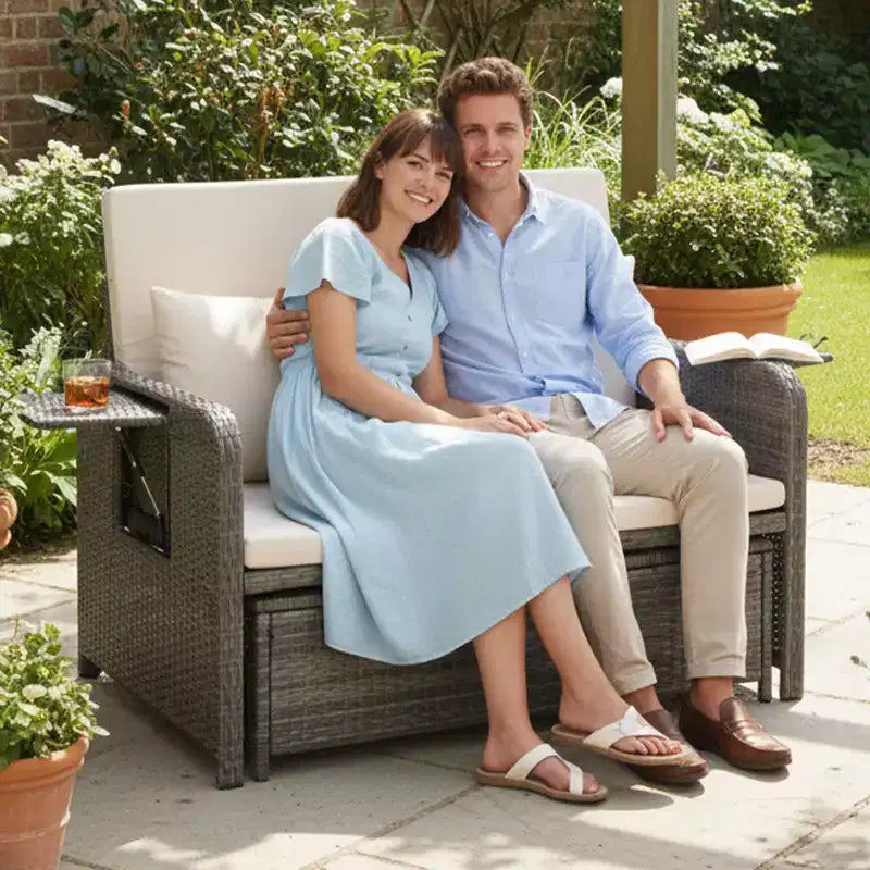 Karl Home | Chaise longue réglable en osier avec pouf de rangement et porte-gobelets
