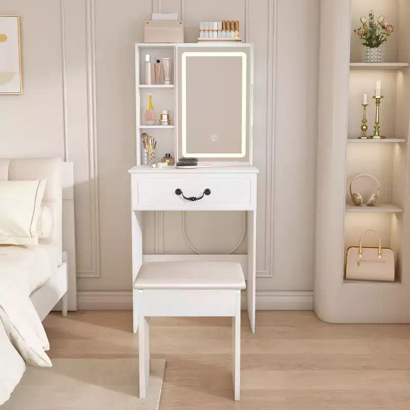 JVNOXK Modern Mini Vanity Table with Dimmable LED Light Mirror, Hidden Storage Space, Multi-Layer Shelves and Cushioned Stool, White