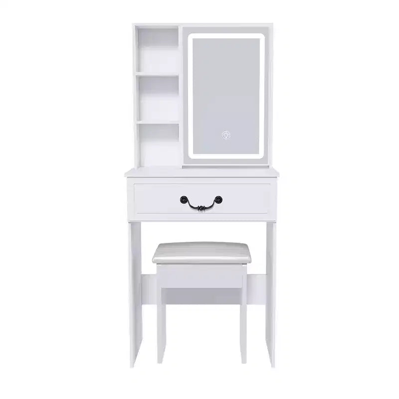 JVNOXK Coiffeuse Moderne Mini avec Miroir LED Dimmable, Espace de Rangement Caché, Étagères Multi-Niveaux et Tabouret Rembourré, Blanc