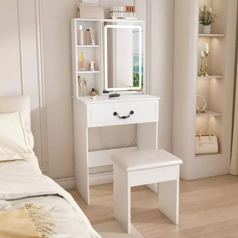 JVNOXK Coiffeuse Moderne Mini avec Miroir LED Dimmable, Espace de Rangement Caché, Étagères Multi-Niveaux et Tabouret Rembourré, Blanc