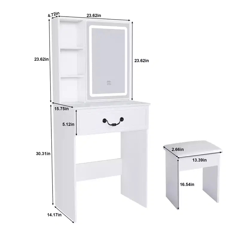 JVNOXK Coiffeuse Moderne Mini avec Miroir LED Dimmable, Espace de Rangement Caché, Étagères Multi-Niveaux et Tabouret Rembourré, Blanc