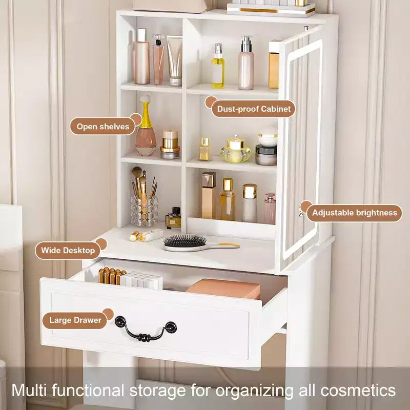 JVNOXK Coiffeuse Moderne Mini avec Miroir LED Dimmable, Espace de Rangement Caché, Étagères Multi-Niveaux et Tabouret Rembourré, Blanc