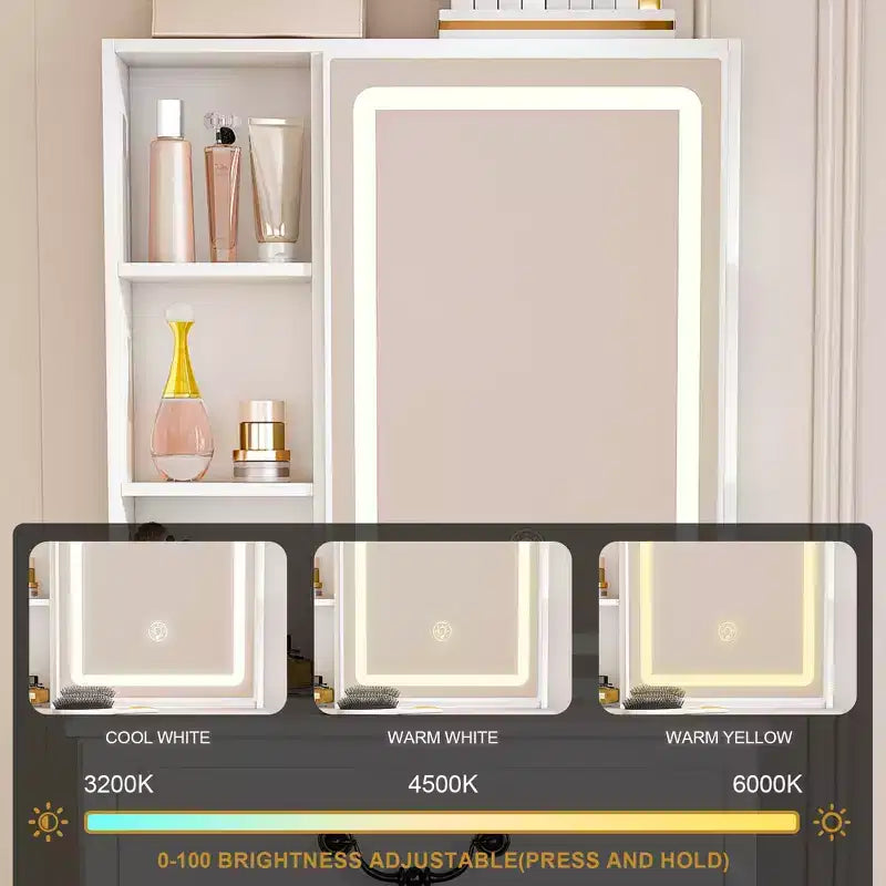 JVNOXK Coiffeuse Moderne Mini avec Miroir LED Dimmable, Espace de Rangement Caché, Étagères Multi-Niveaux et Tabouret Rembourré, Blanc