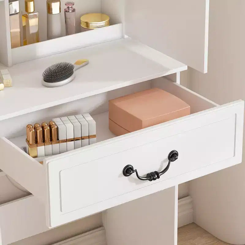 JVNOXK Coiffeuse Moderne Mini avec Miroir LED Dimmable, Espace de Rangement Caché, Étagères Multi-Niveaux et Tabouret Rembourré, Blanc
