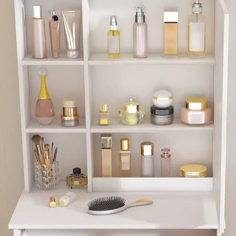 JVNOXK Coiffeuse Moderne Mini avec Miroir LED Dimmable, Espace de Rangement Caché, Étagères Multi-Niveaux et Tabouret Rembourré, Blanc
