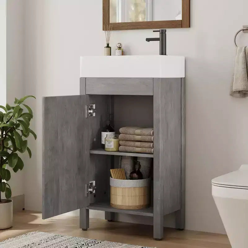 Meuble-lavabo de salle de bain autoportant de 40,6 cm - Armoire de rangement simple avec porte à fermeture douce et vasque intégrale pour petits espaces