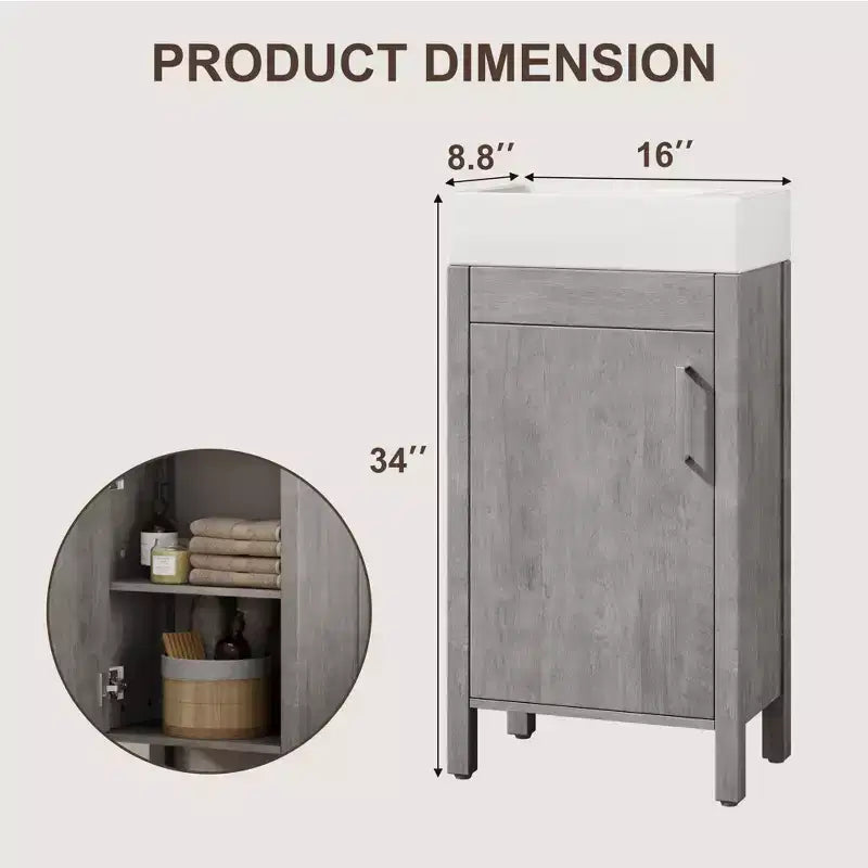 Meuble-lavabo de salle de bain autoportant de 40,6 cm - Armoire de rangement simple avec porte à fermeture douce et vasque intégrale pour petits espaces