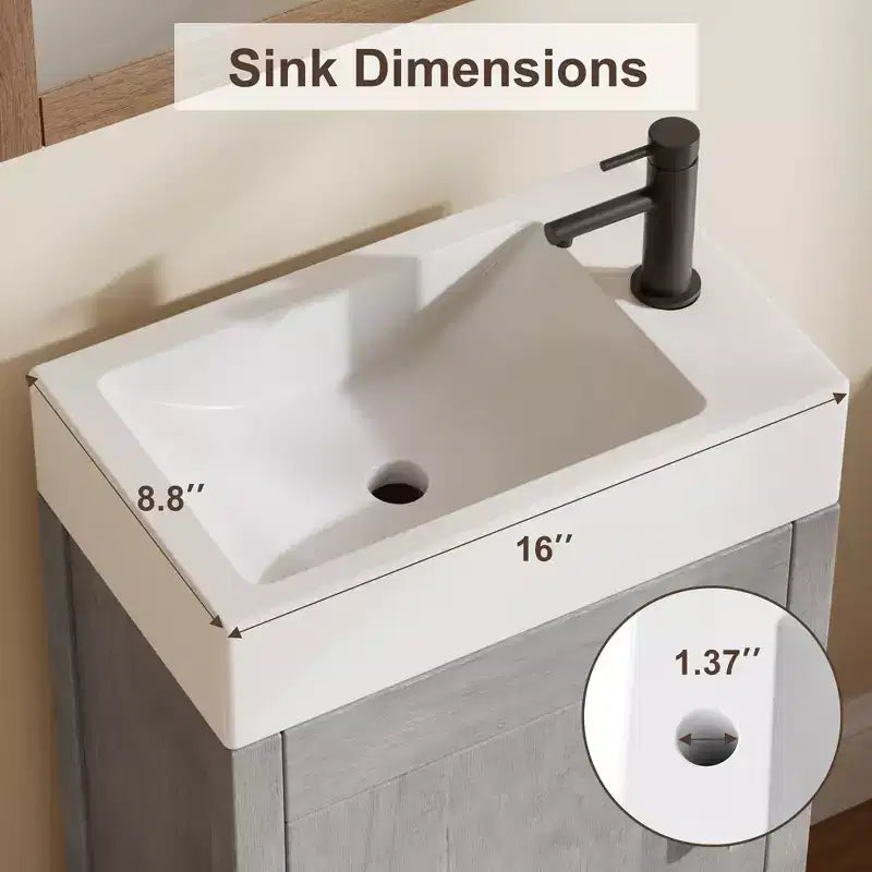 Meuble-lavabo de salle de bain autoportant de 40,6 cm - Armoire de rangement simple avec porte à fermeture douce et vasque intégrale pour petits espaces