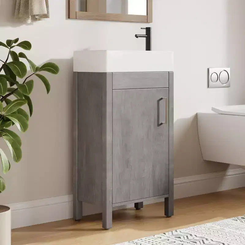 Meuble-lavabo de salle de bain autoportant de 40,6 cm - Armoire de rangement simple avec porte à fermeture douce et vasque intégrale pour petits espaces