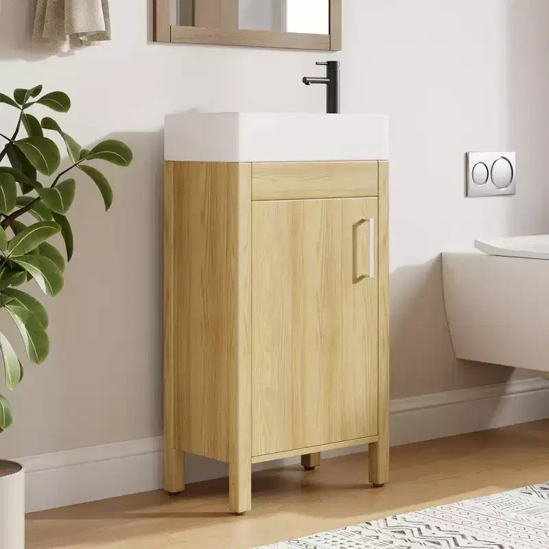 Meuble-lavabo de salle de bain autoportant de 40,6 cm - Armoire de rangement simple avec porte à fermeture douce et vasque intégrale pour petits espaces