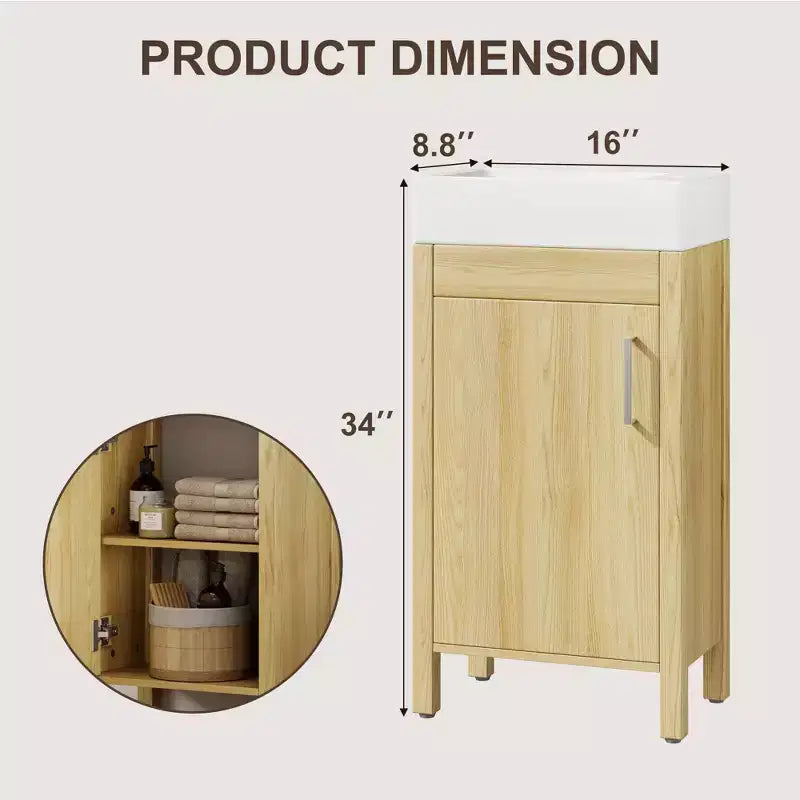 Meuble-lavabo de salle de bain autoportant de 40,6 cm - Armoire de rangement simple avec porte à fermeture douce et vasque intégrale pour petits espaces