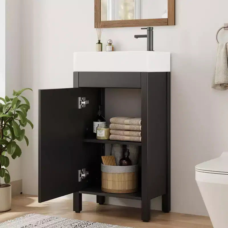 Meuble-lavabo de salle de bain autoportant de 40,6 cm - Armoire de rangement simple avec porte à fermeture douce et vasque intégrale pour petits espaces