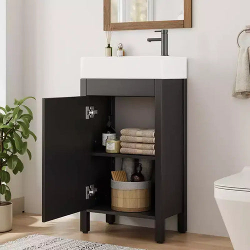 Meuble-lavabo de salle de bain autoportant de 40,6 cm - Armoire de rangement simple avec porte à fermeture douce et vasque intégrale pour petits espaces