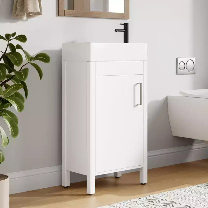 Meuble-lavabo de salle de bain autoportant de 40,6 cm - Armoire de rangement simple avec porte à fermeture douce et vasque intégrale pour petits espaces