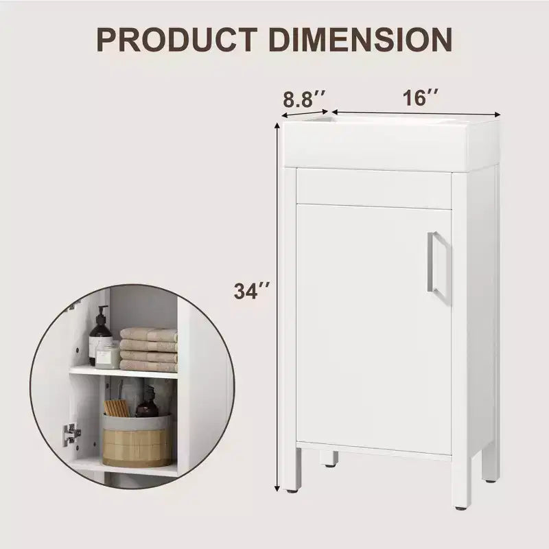 Meuble-lavabo de salle de bain autoportant de 40,6 cm - Armoire de rangement simple avec porte à fermeture douce et vasque intégrale pour petits espaces