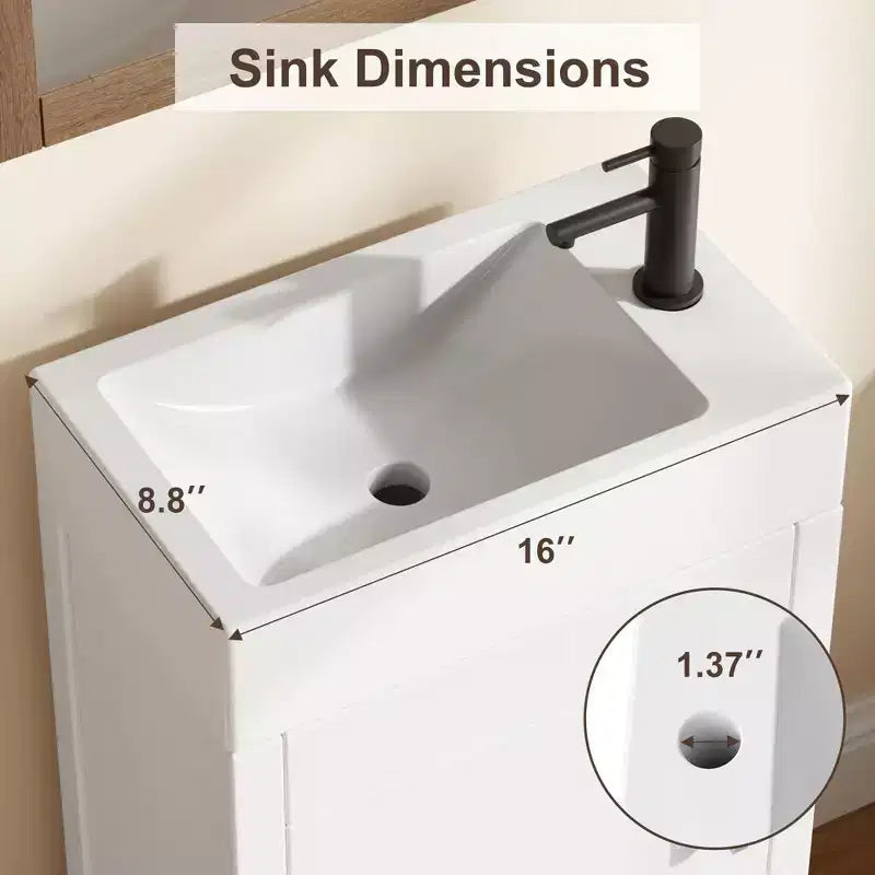 Meuble-lavabo de salle de bain autoportant de 40,6 cm - Armoire de rangement simple avec porte à fermeture douce et vasque intégrale pour petits espaces