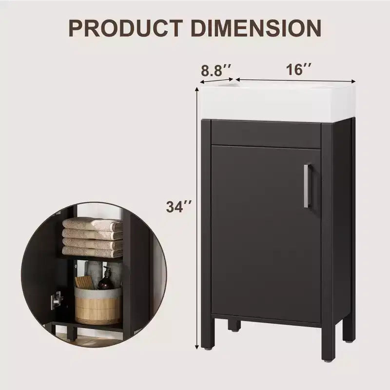 Meuble-lavabo de salle de bain autoportant de 40,6 cm - Armoire de rangement simple avec porte à fermeture douce et vasque intégrale pour petits espaces