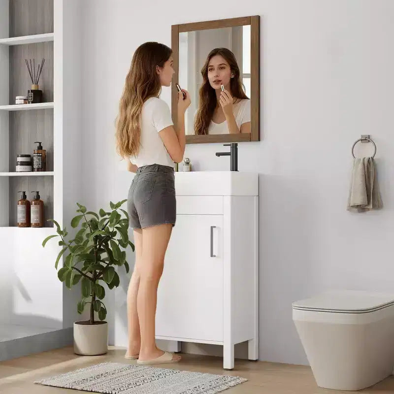 Meuble-lavabo de salle de bain autoportant de 40,6 cm - Armoire de rangement simple avec porte à fermeture douce et vasque intégrale pour petits espaces