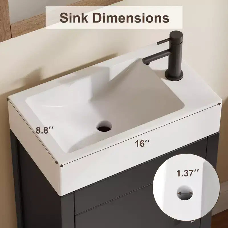 Meuble-lavabo de salle de bain autoportant de 40,6 cm - Armoire de rangement simple avec porte à fermeture douce et vasque intégrale pour petits espaces