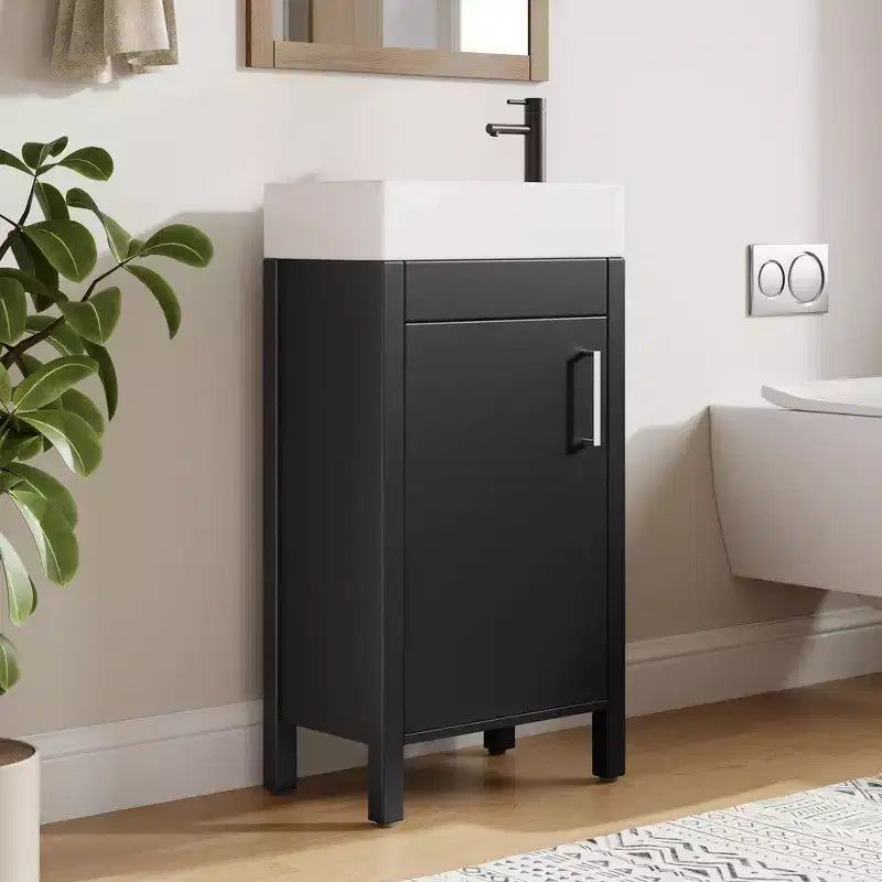 Meuble-lavabo de salle de bain autoportant de 40,6 cm - Armoire de rangement simple avec porte à fermeture douce et vasque intégrale pour petits espaces