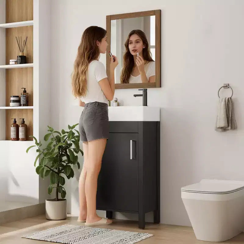 Meuble-lavabo de salle de bain autoportant de 40,6 cm - Armoire de rangement simple avec porte à fermeture douce et vasque intégrale pour petits espaces