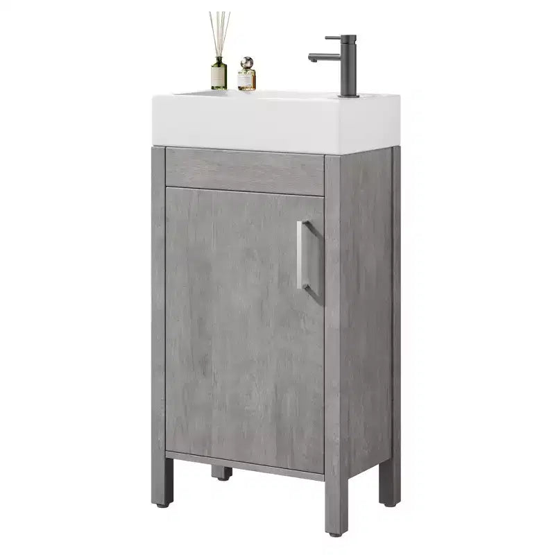 Meuble-lavabo de salle de bain autoportant de 40,6 cm - Armoire de rangement simple avec porte à fermeture douce et vasque intégrale pour petits espaces