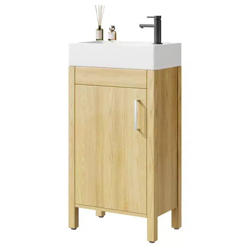 Meuble-lavabo de salle de bain autoportant de 40,6 cm - Armoire de rangement simple avec porte à fermeture douce et vasque intégrale pour petits espaces