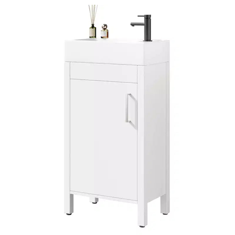 Meuble-lavabo de salle de bain autoportant de 40,6 cm - Armoire de rangement simple avec porte à fermeture douce et vasque intégrale pour petits espaces