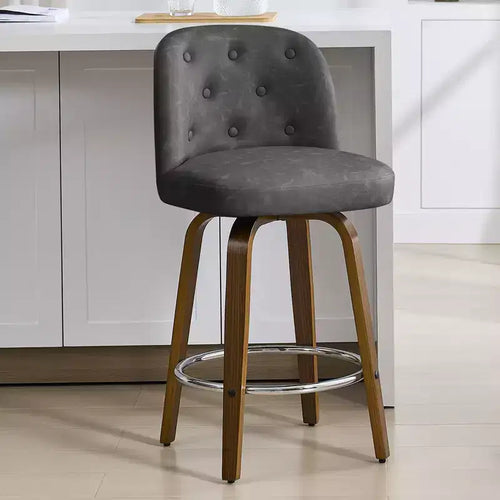 Bekrvio 29 Swivel Upholstered Bar Stools, Leather Cushion Seat & Button-tufted Back Design with Bentwood Legs, Dark Grey