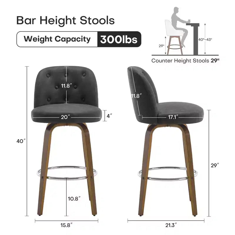 29 tabourets de bar pivotants rembourrés, assise en cuir et dossier capitonné avec pieds en bois courbé, gris foncé