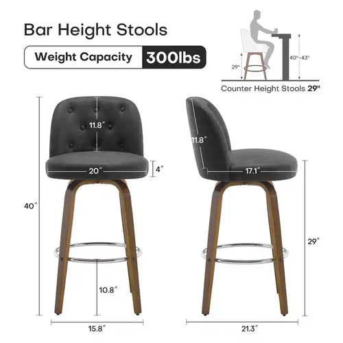 29 tabourets de bar pivotants rembourrés, assise en cuir et dossier capitonné avec pieds en bois courbé, gris foncé