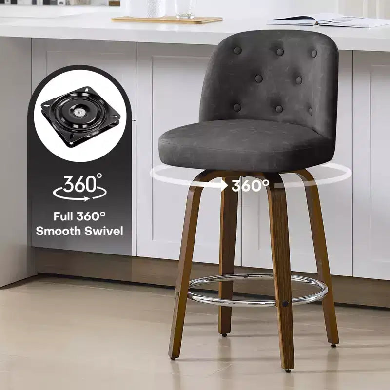 29 tabourets de bar pivotants rembourrés, assise en cuir et dossier capitonné avec pieds en bois courbé, gris foncé
