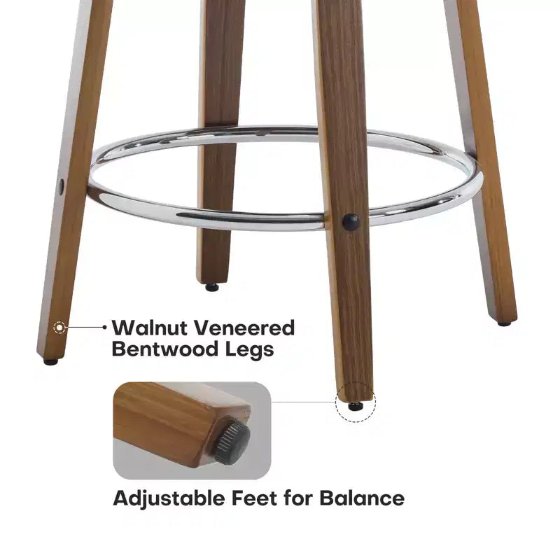 29 tabourets de bar pivotants rembourrés, assise en cuir et dossier capitonné avec pieds en bois courbé, gris foncé