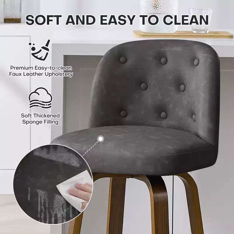 29 tabourets de bar pivotants rembourrés, assise en cuir et dossier capitonné avec pieds en bois courbé, gris foncé