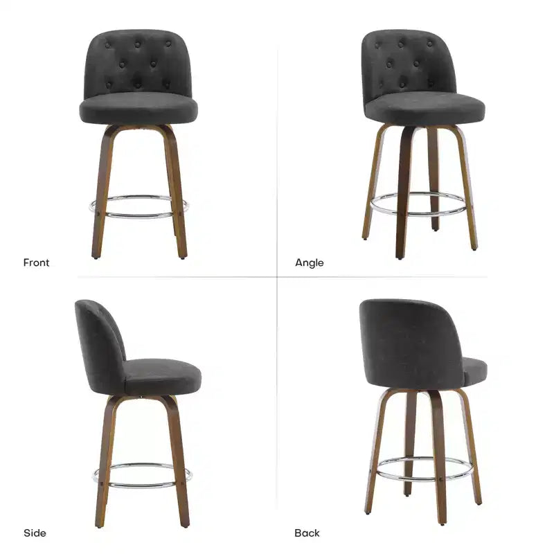 29 tabourets de bar pivotants rembourrés, assise en cuir et dossier capitonné avec pieds en bois courbé, gris foncé