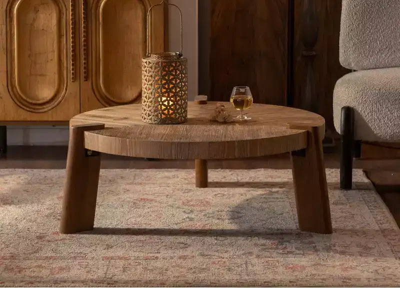JVNOXK 36.61 Inch Round Herringbone Coffee Table, Rustic Style with Tapered Legs and Natural Distressed Wood Finish, Ideal for Living Room