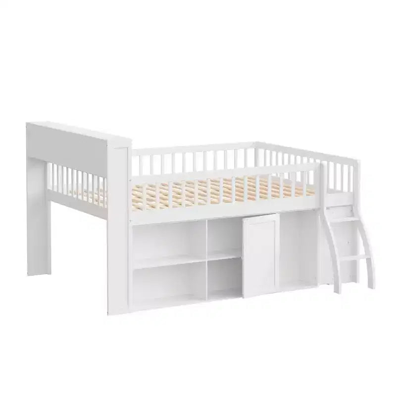 Lit mezzanine moderne avec éclairage doux à DEL intégré dans la tête de lit et nombreux rangements