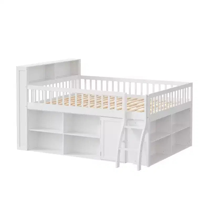 Lit mezzanine moderne avec éclairage doux à DEL intégré dans la tête de lit et nombreux rangements