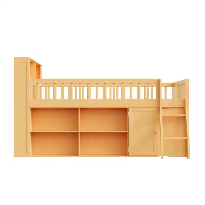 Lit mezzanine moderne avec éclairage doux à DEL intégré dans la tête de lit et nombreux rangements