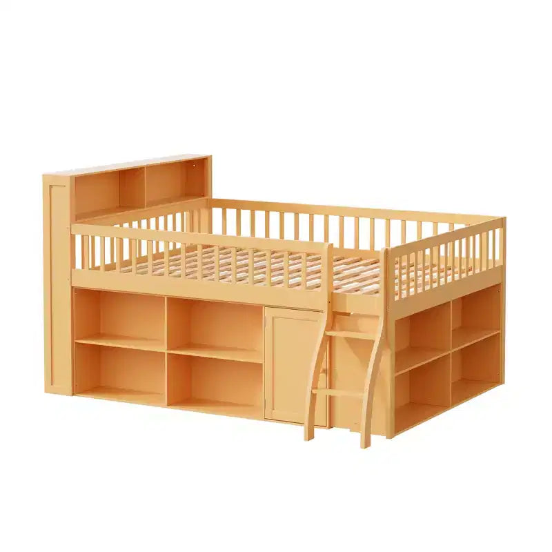 Lit mezzanine moderne avec éclairage doux à DEL intégré dans la tête de lit et nombreux rangements