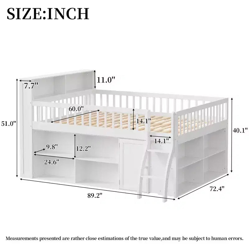 Lit mezzanine moderne avec éclairage doux à DEL intégré dans la tête de lit et nombreux rangements