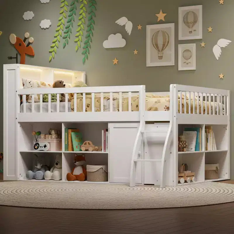Lit mezzanine moderne avec éclairage doux à DEL intégré dans la tête de lit et nombreux rangements