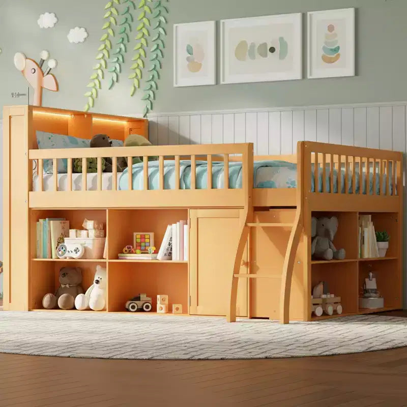 Polibi Modern Loft Bed with Soft LED Headboard Lighting & Ample Storage