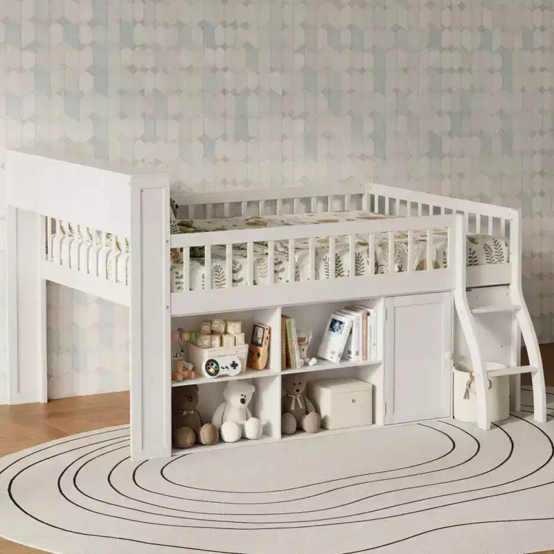 Lit mezzanine moderne avec éclairage doux à DEL intégré dans la tête de lit et nombreux rangements