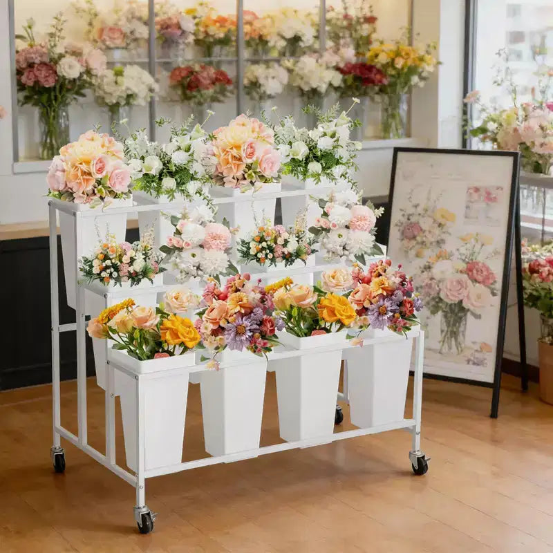 Présentoir à fleurs, charrette à fleurs à 3 niveaux avec 12 seaux ronds et roues, présentoir mobile pour jardin, mariage, magasin de fleurs