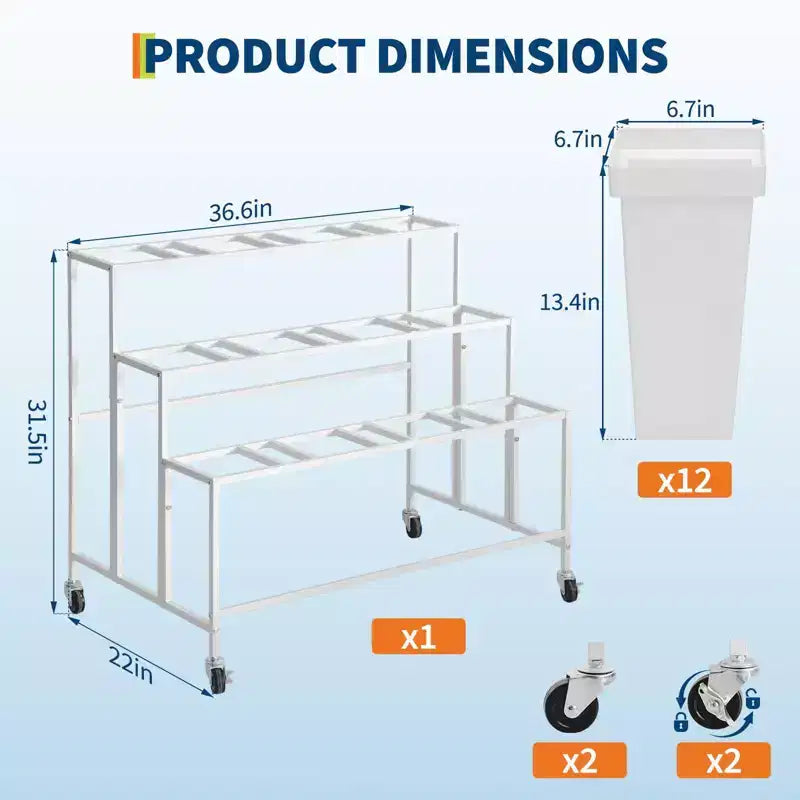Présentoir à fleurs, charrette à fleurs à 3 niveaux avec 12 seaux ronds et roues, présentoir mobile pour jardin, mariage, magasin de fleurs