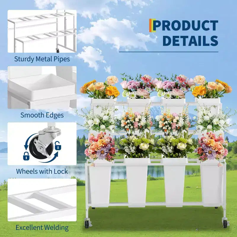 Présentoir à fleurs, charrette à fleurs à 3 niveaux avec 12 seaux ronds et roues, présentoir mobile pour jardin, mariage, magasin de fleurs