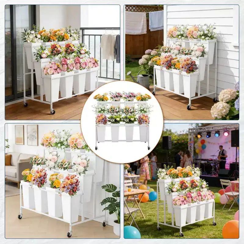 Présentoir à fleurs, charrette à fleurs à 3 niveaux avec 12 seaux ronds et roues, présentoir mobile pour jardin, mariage, magasin de fleurs